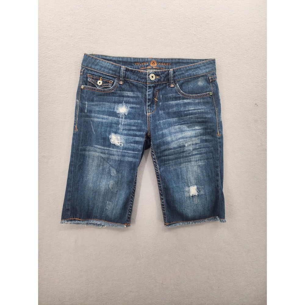 Velvet Heart Distressed Bermuda Denim Shorts Dark‎ Wash Raw Hem Womens Size 29